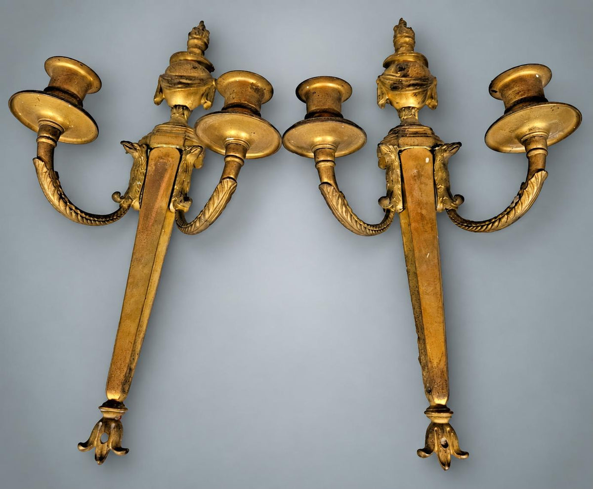 Pair of Antique French Gilt Bronze Candle Wall Sconces, Empire Flambeau Two-Arm — France, Early 19th Century