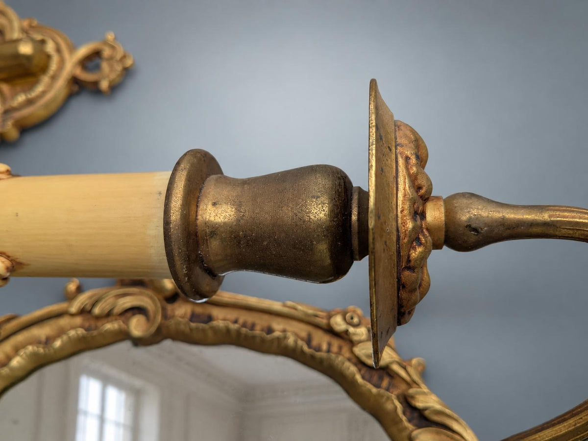 Pair of French Gilt Bronze Mirror Wall Sconces, Louis XV Rocaille Style — France, Early 20th Century