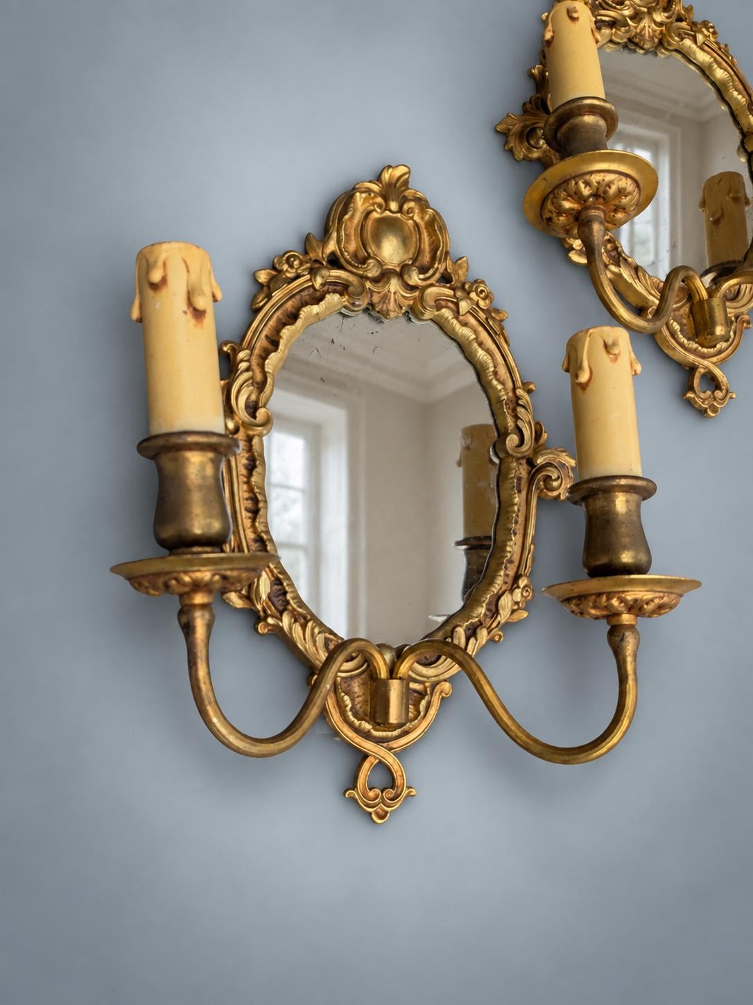 Pair of French Gilt Bronze Mirror Wall Sconces, Louis XV Rocaille Style — France, Early 20th Century