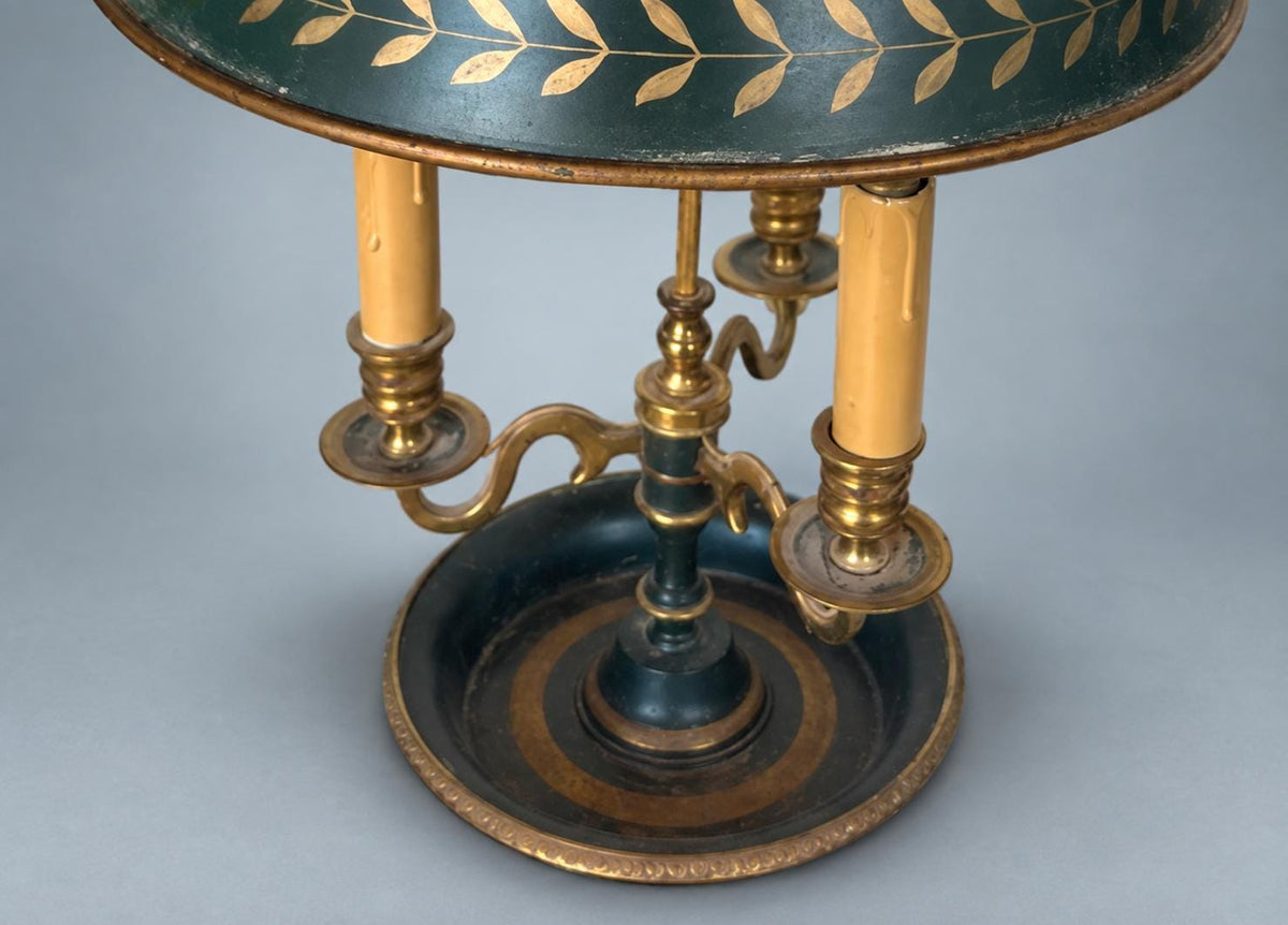Antique French Three-Arm Bouillotte Lamp, Green Tole Shade with Gilt Laurel — France, Early 20th Century