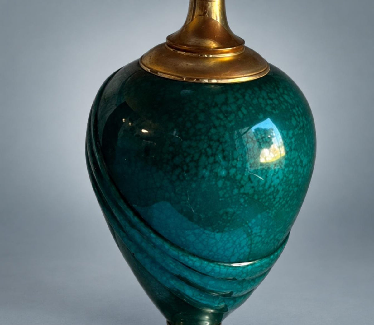Vintage French Table Lamp, Deschuyteneur, Malachite Effect Ceramic and Brass — France, circa 1970