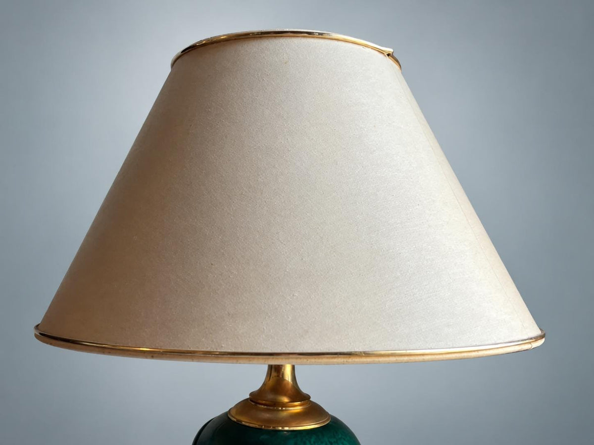 Vintage French Table Lamp, Deschuyteneur, Malachite Effect Ceramic and Brass — France, circa 1970