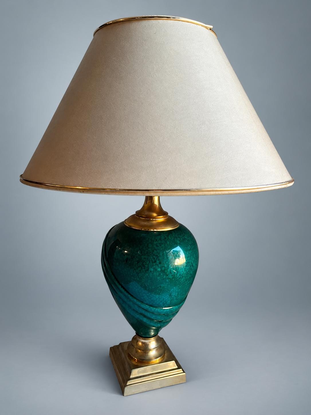 Vintage French Table Lamp, Deschuyteneur, Malachite Effect Ceramic and Brass — France, circa 1970