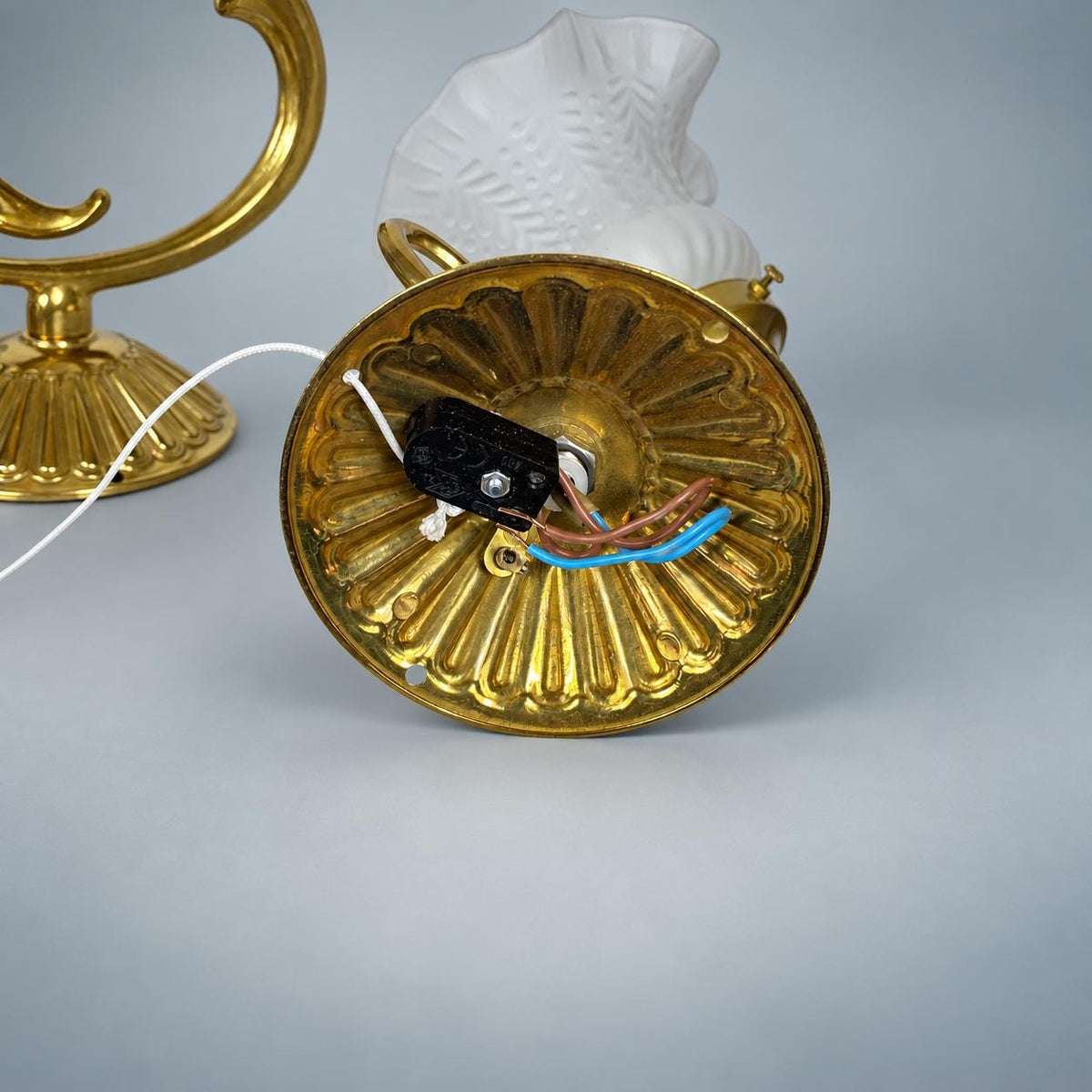 Pair of French Brass Swan Neck Wall Sconces, Frosted Glass Tulip Shades — France, Early 20th Century