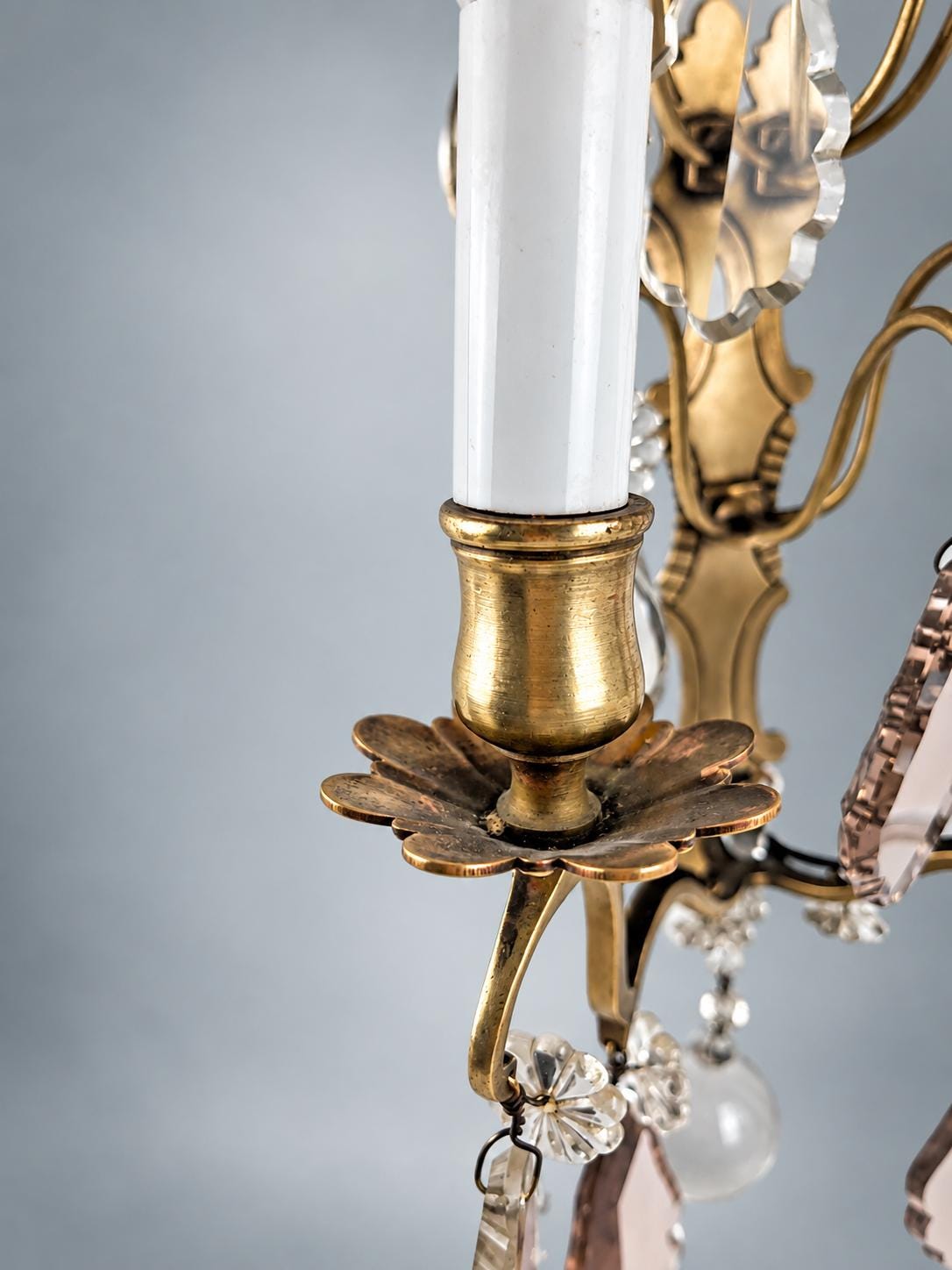 Pair of French Gilt Bronze Wall Sconces, Crystal Drops and Flower Pendants — France, Early 20th Century