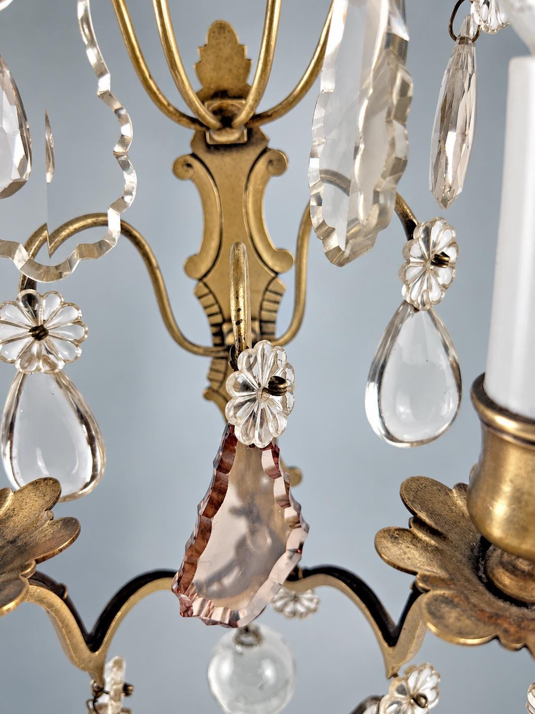 Pair of French Gilt Bronze Wall Sconces, Crystal Drops and Flower Pendants — France, Early 20th Century