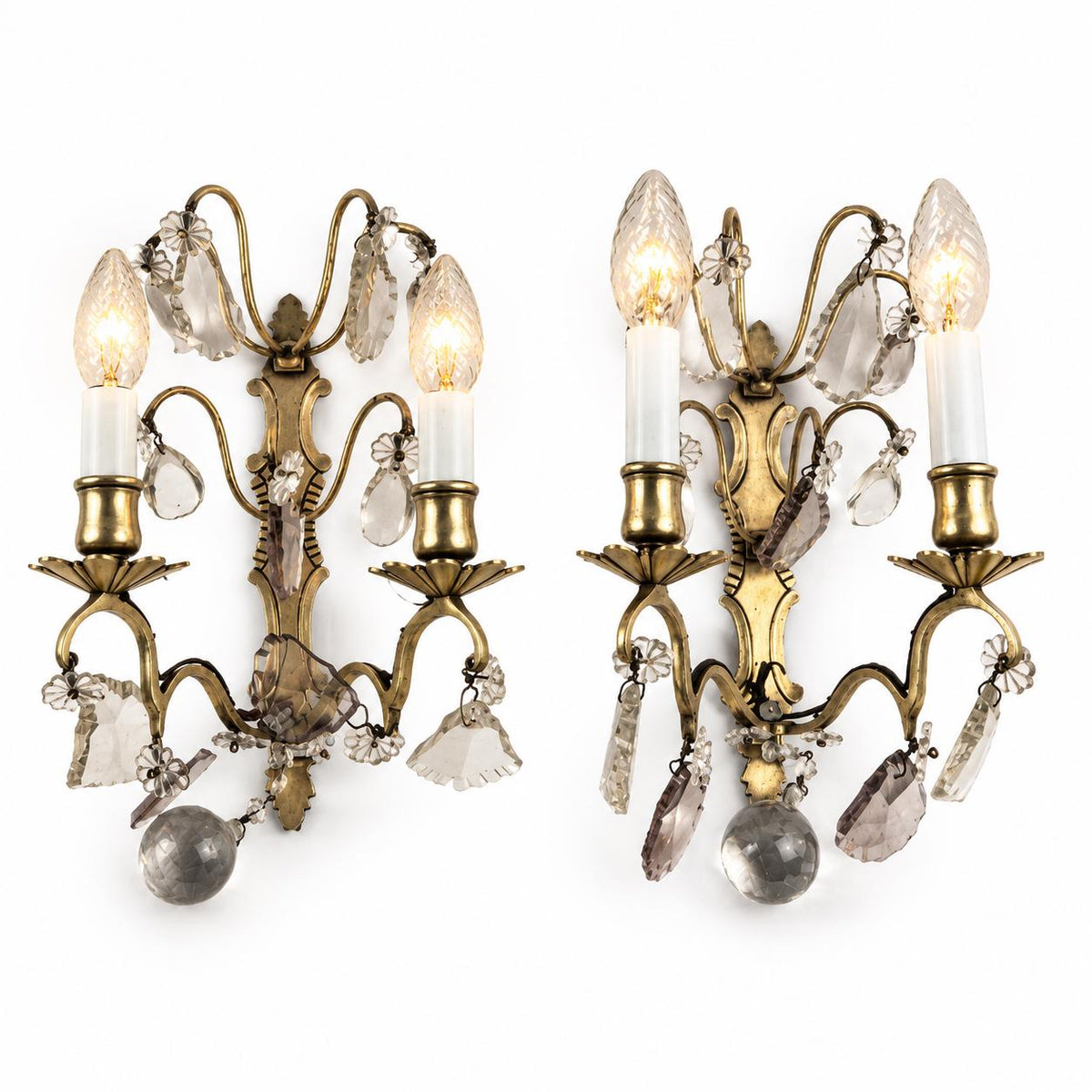 Pair of French Gilt Bronze Wall Sconces, Crystal Drops and Flower Pendants — France, Early 20th Century