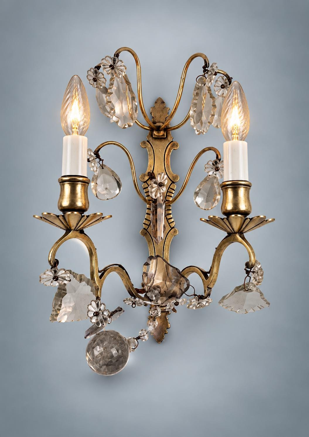 Pair of French Gilt Bronze Wall Sconces, Crystal Drops and Flower Pendants — France, Early 20th Century