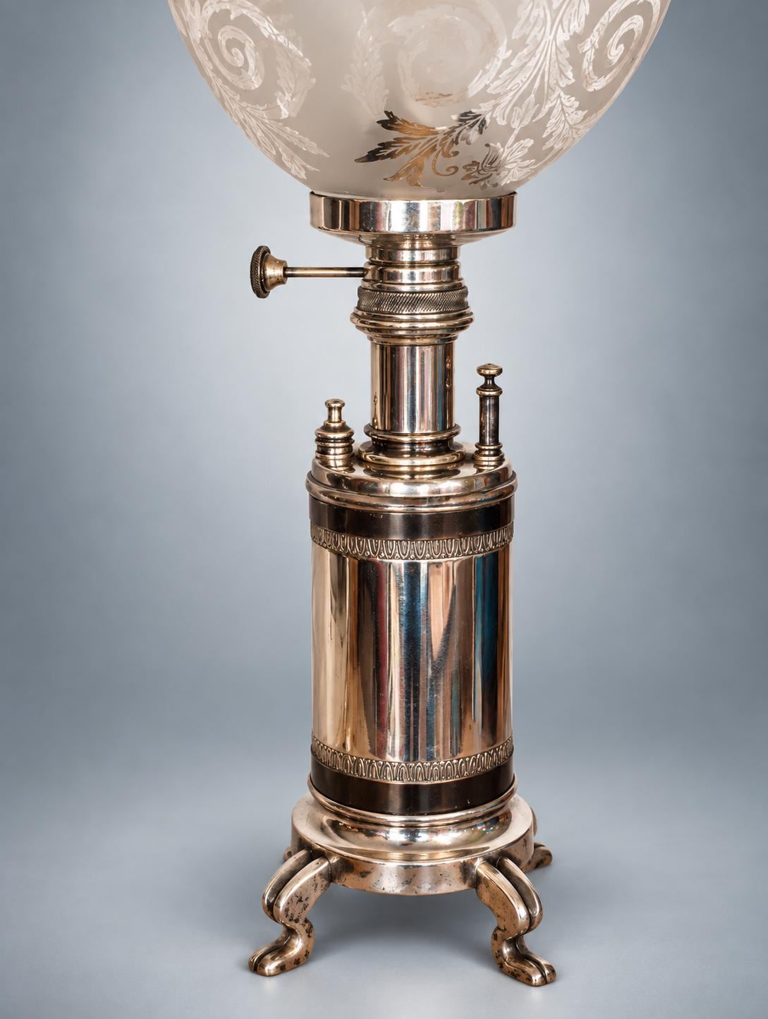 Antique Silver-Plated Table Lamp, Etched Glass Globe Shade, Converted Oil Lamp — Europe, Late 19th Century