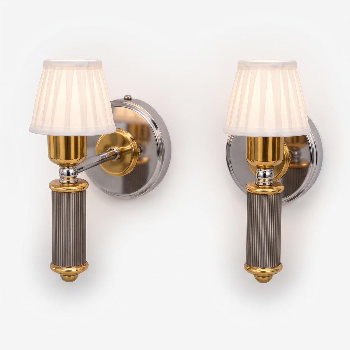 Pair of Belgian Vintage Chrome and Gilt Wall Sconces, Massives, Neoclassical Column — Belgium, circa 1970