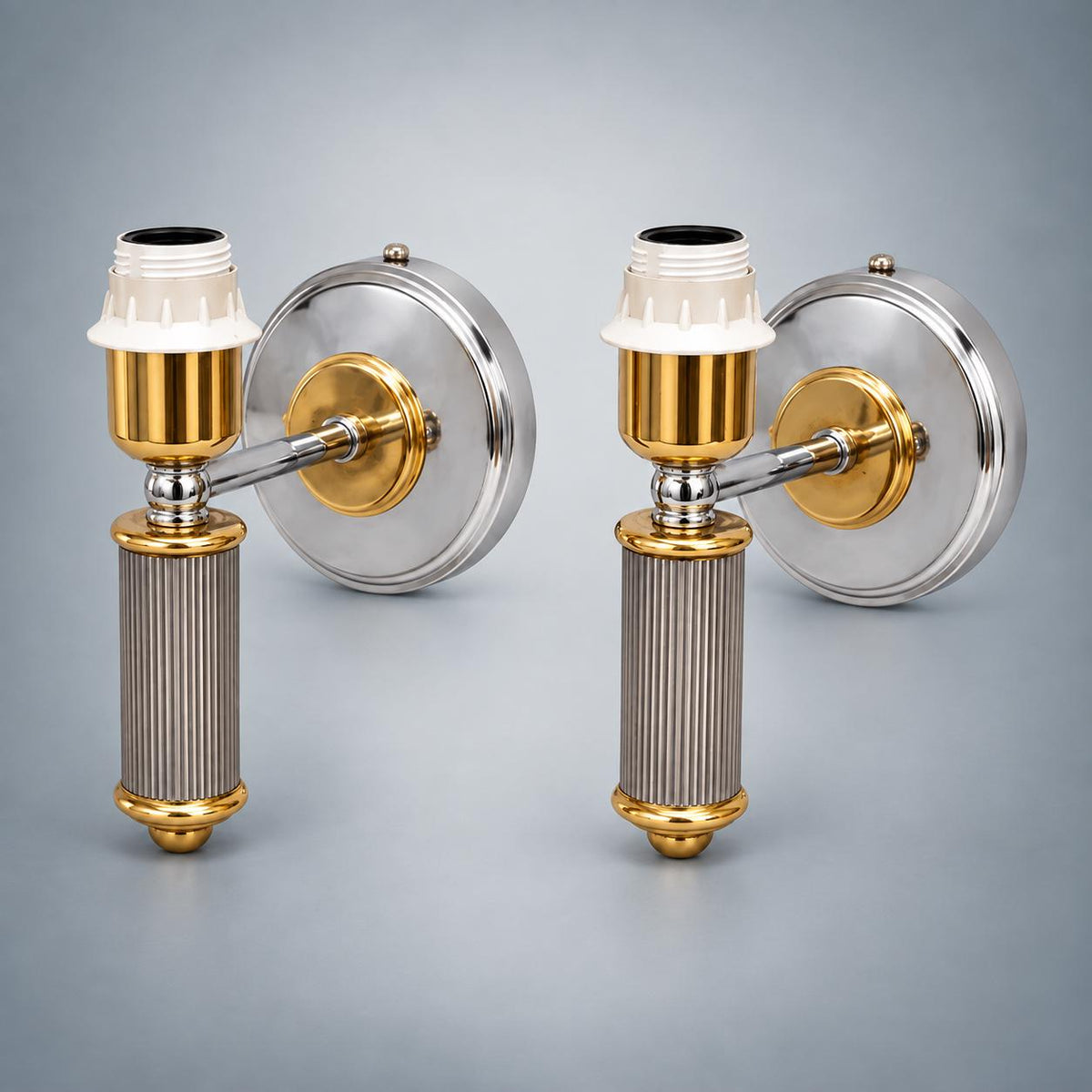 Pair of Belgian Vintage Chrome and Gilt Wall Sconces, Massives, Neoclassical Column — Belgium, circa 1970