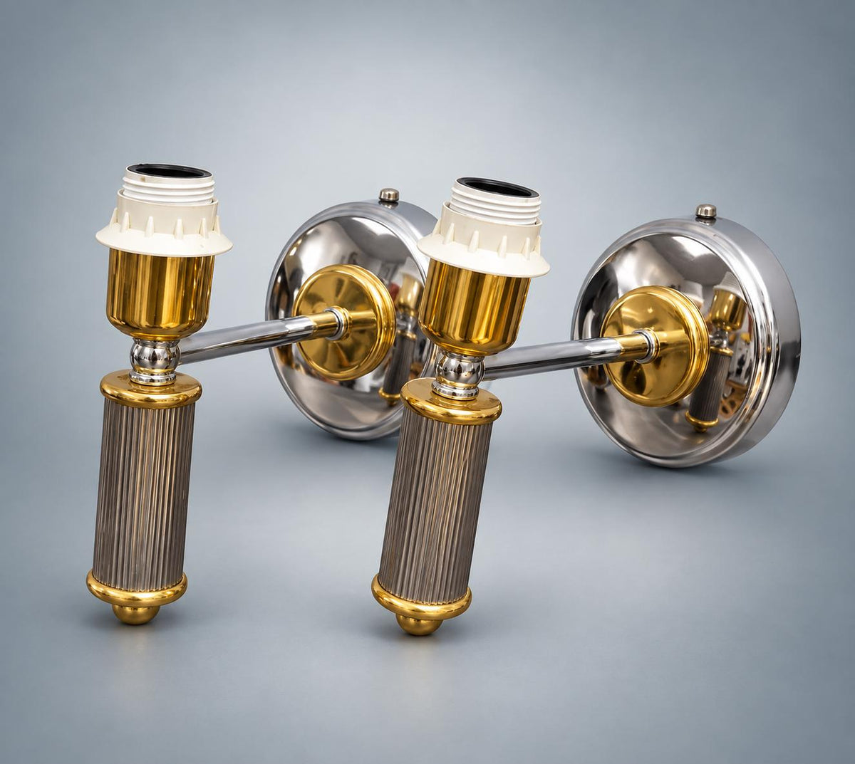 Pair of Belgian Vintage Chrome and Gilt Wall Sconces, Massives, Neoclassical Column — Belgium, circa 1970