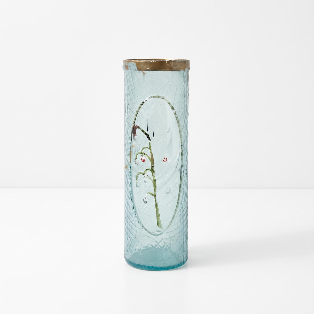 Antique French Art Deco Crystal Vase, Frosted Blue with Floral Oval Cartouche — France, circa 1920