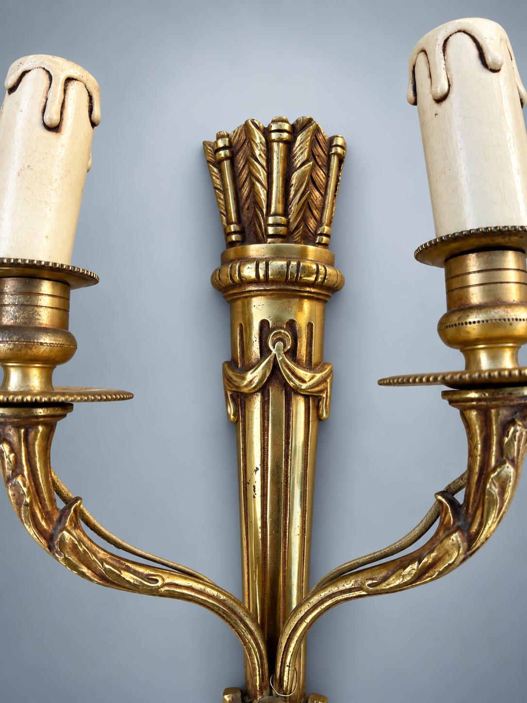 Pair of Antique French Gilt Metal Wall Sconces, Louis XVI Style — Scrolled Two-Light Torch-Form Sconces