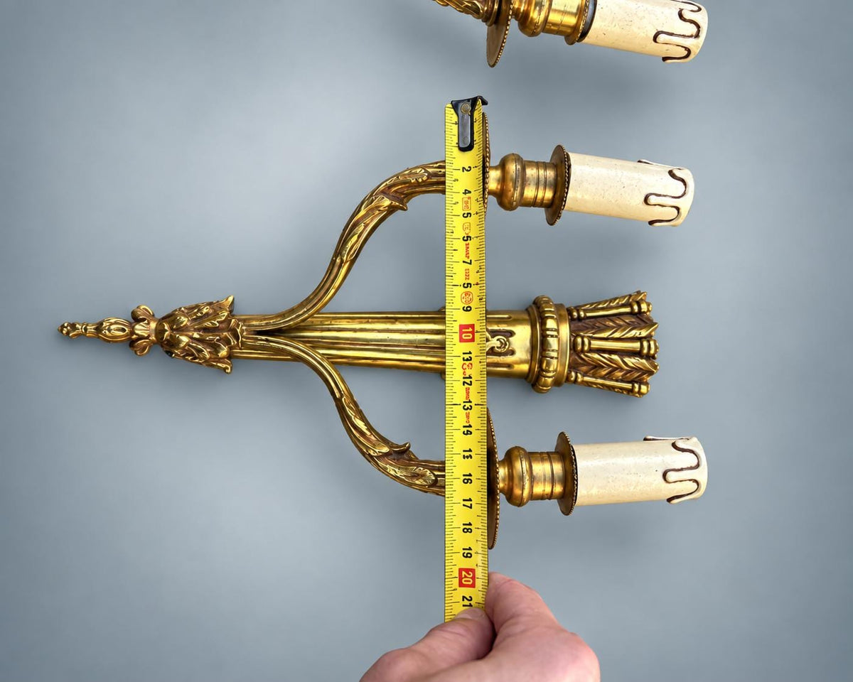 Pair of Antique French Gilt Metal Wall Sconces, Louis XVI Style — Scrolled Two-Light Torch-Form Sconces