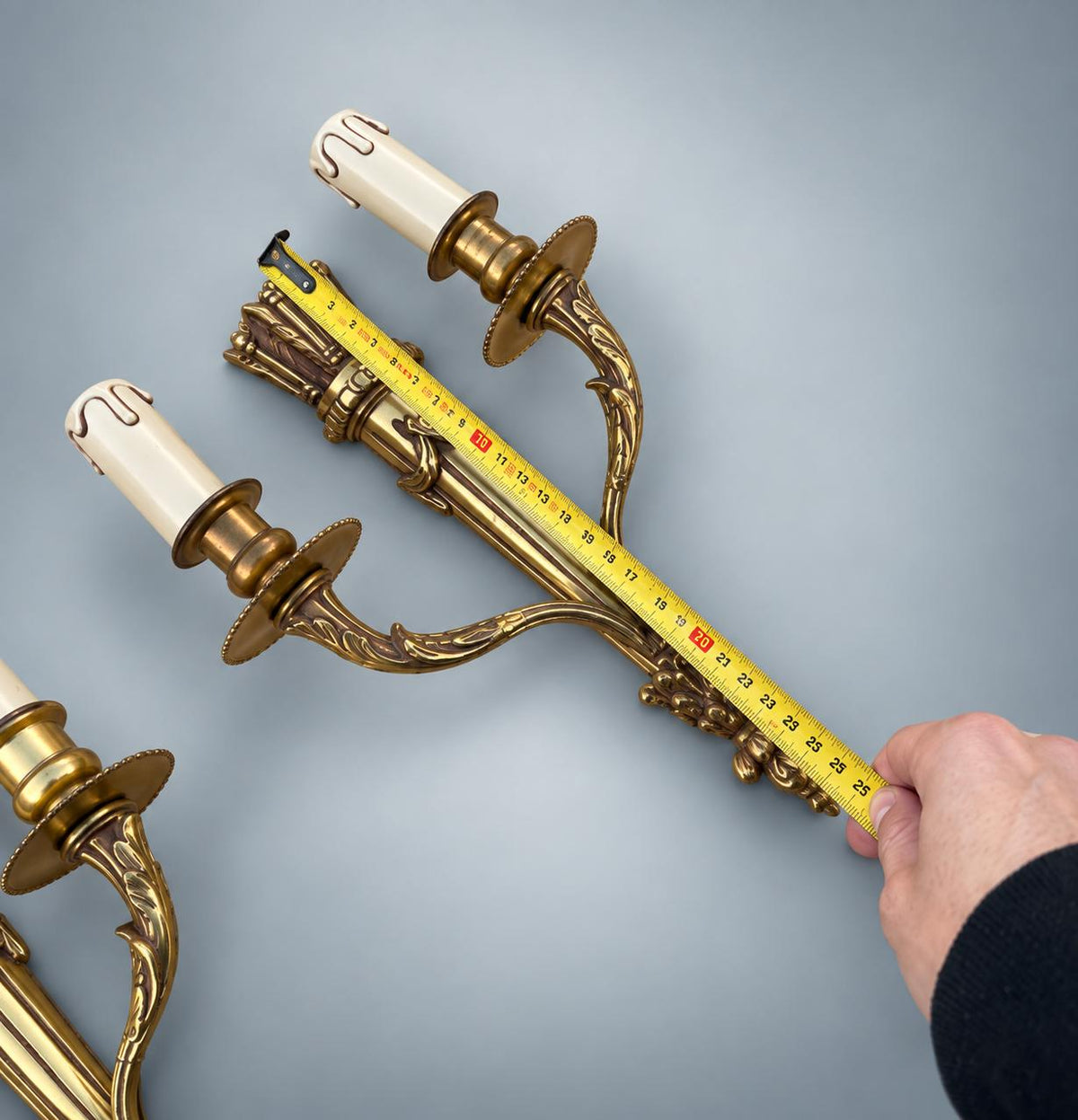 Pair of Antique French Gilt Metal Wall Sconces, Louis XVI Style — Scrolled Two-Light Torch-Form Sconces