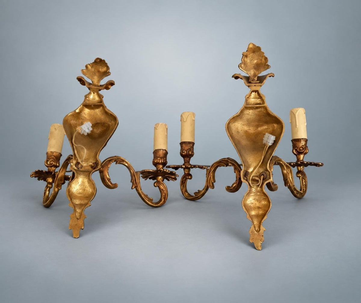 Pair of French Gilt Bronze Two-Arm Wall Sconces, Louis XV Rocaille Style — France, Early 20th Century