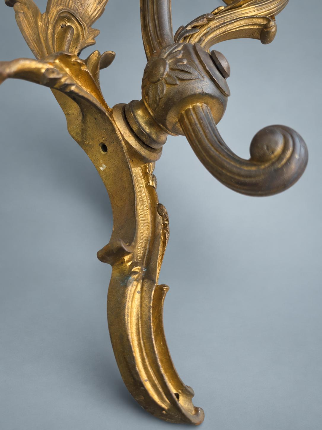 Pair of French Gilt Bronze Two-Arm Wall Sconces, Louis XV Rocaille — France, Early 20th Century