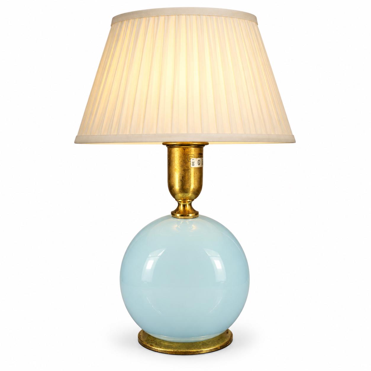 Italian Table Lamp, Zonca Blue Opaline Glass Globe Lamp — Italy, 1960s, Marked