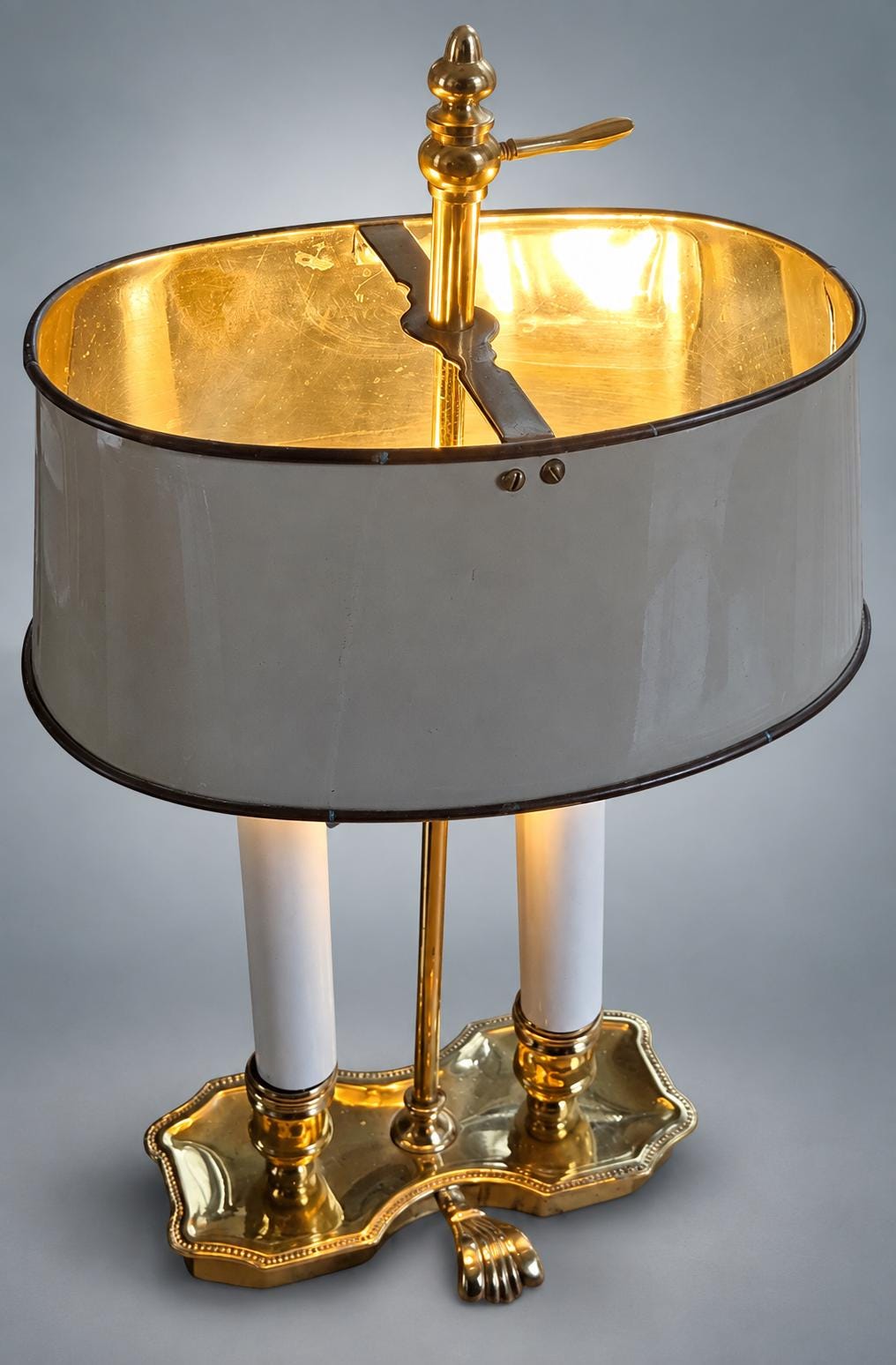 Antique French Brass Bouillotte Table Lamp, Two-Arm with Metal Drum Shade — France, mid 20th Century