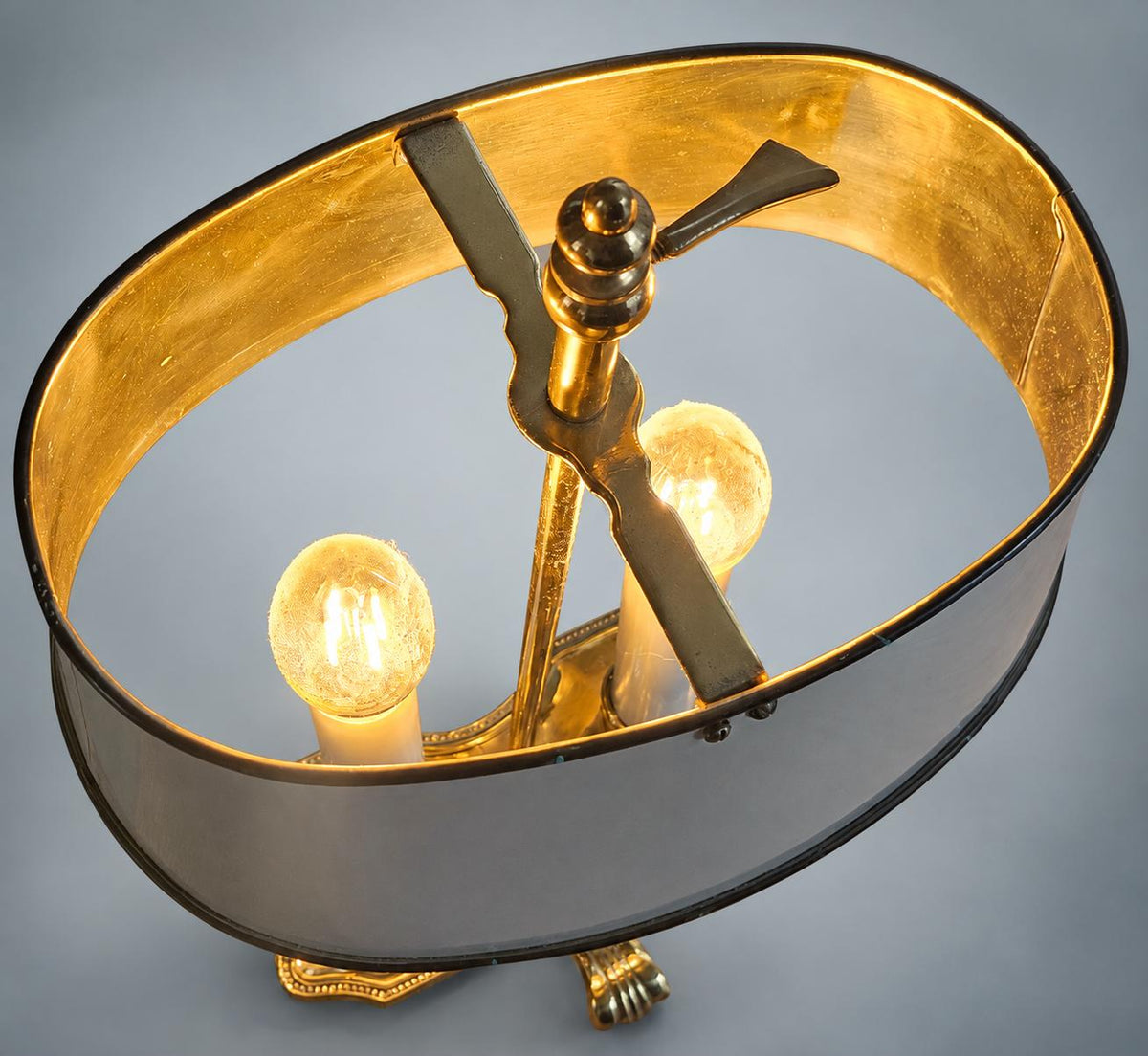 Antique French Brass Bouillotte Table Lamp, Two-Arm with Metal Drum Shade — France, mid 20th Century