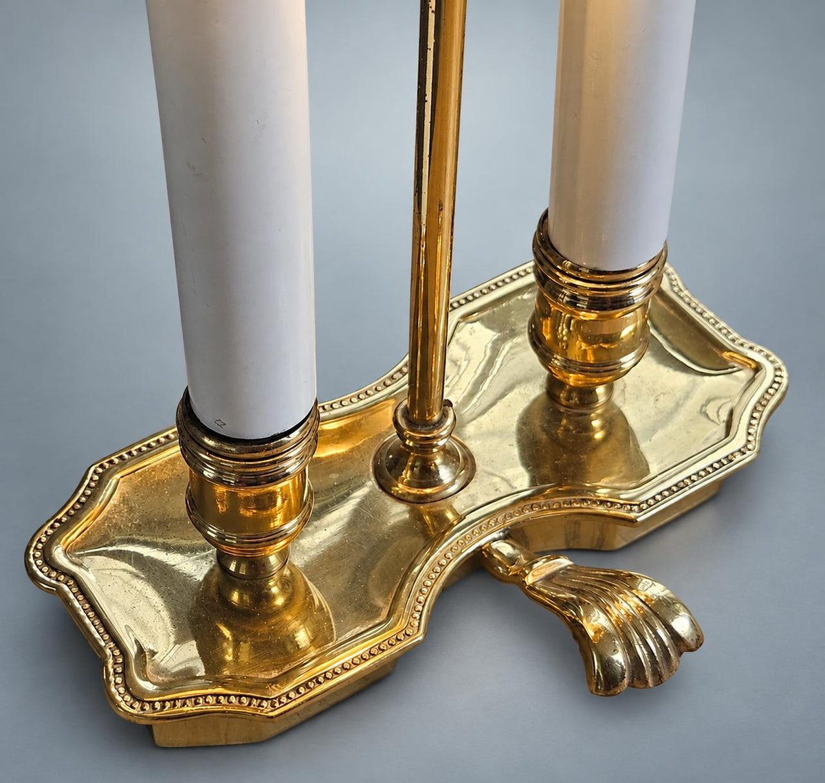 Antique French Brass Bouillotte Table Lamp, Two-Arm with Metal Drum Shade — France, mid 20th Century