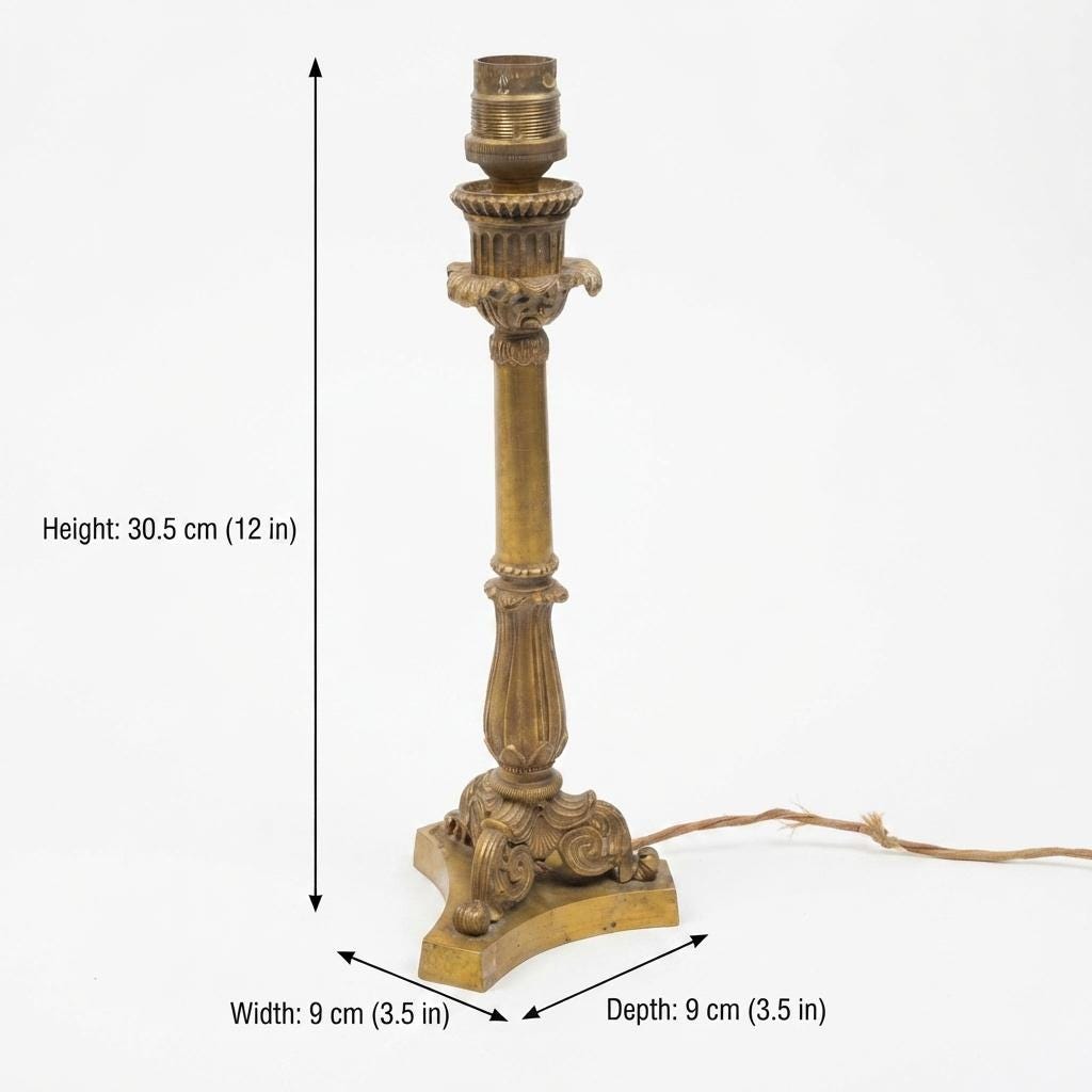 French Candlestick Table Lamp, Foliate Stem on Scrolled Tripod Base, Patinated Metal — Early 20th Century
