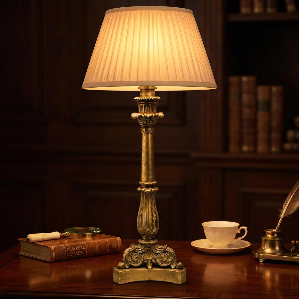 French Candlestick Table Lamp, Foliate Stem on Scrolled Tripod Base, Patinated Metal — Early 20th Century