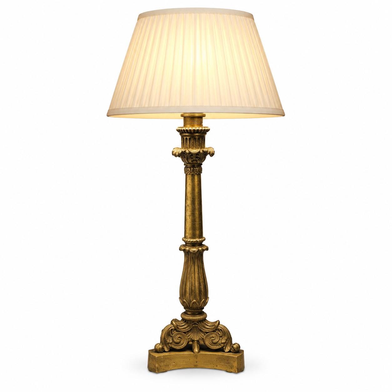 French Candlestick Table Lamp, Foliate Stem on Scrolled Tripod Base, Patinated Metal — Early 20th Century