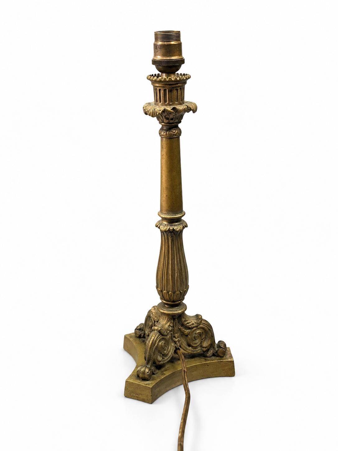 French Candlestick Table Lamp, Foliate Stem on Scrolled Tripod Base, Patinated Metal — Early 20th Century