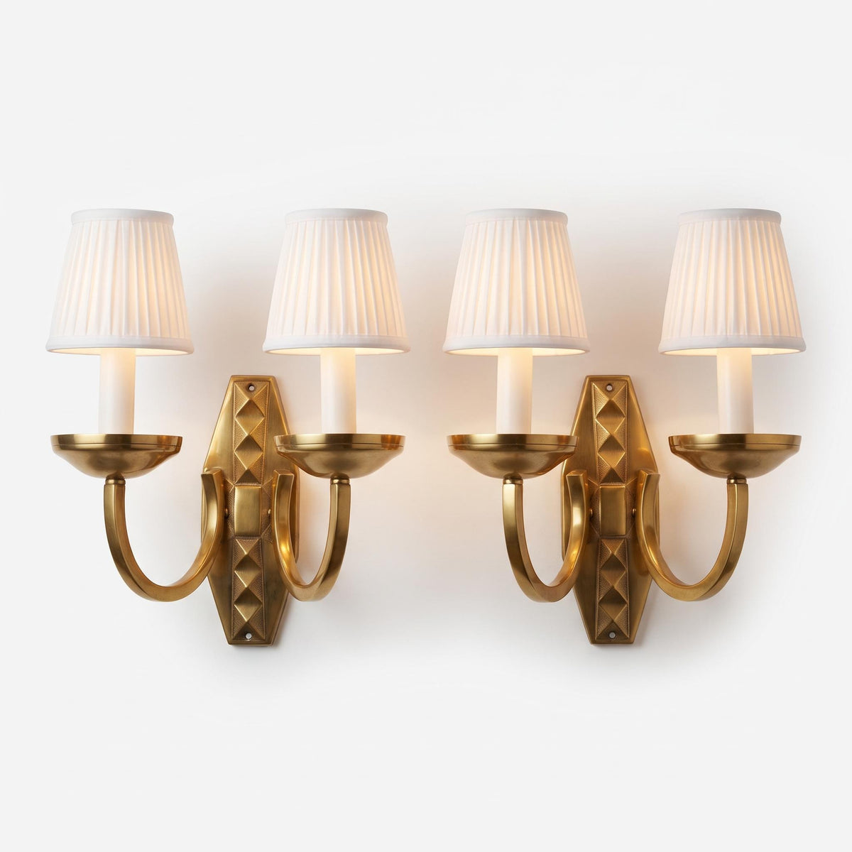 Pair of French Art Deco Brass Wall Sconces, Diamond Backplate Two-Arm — France, circa 1930