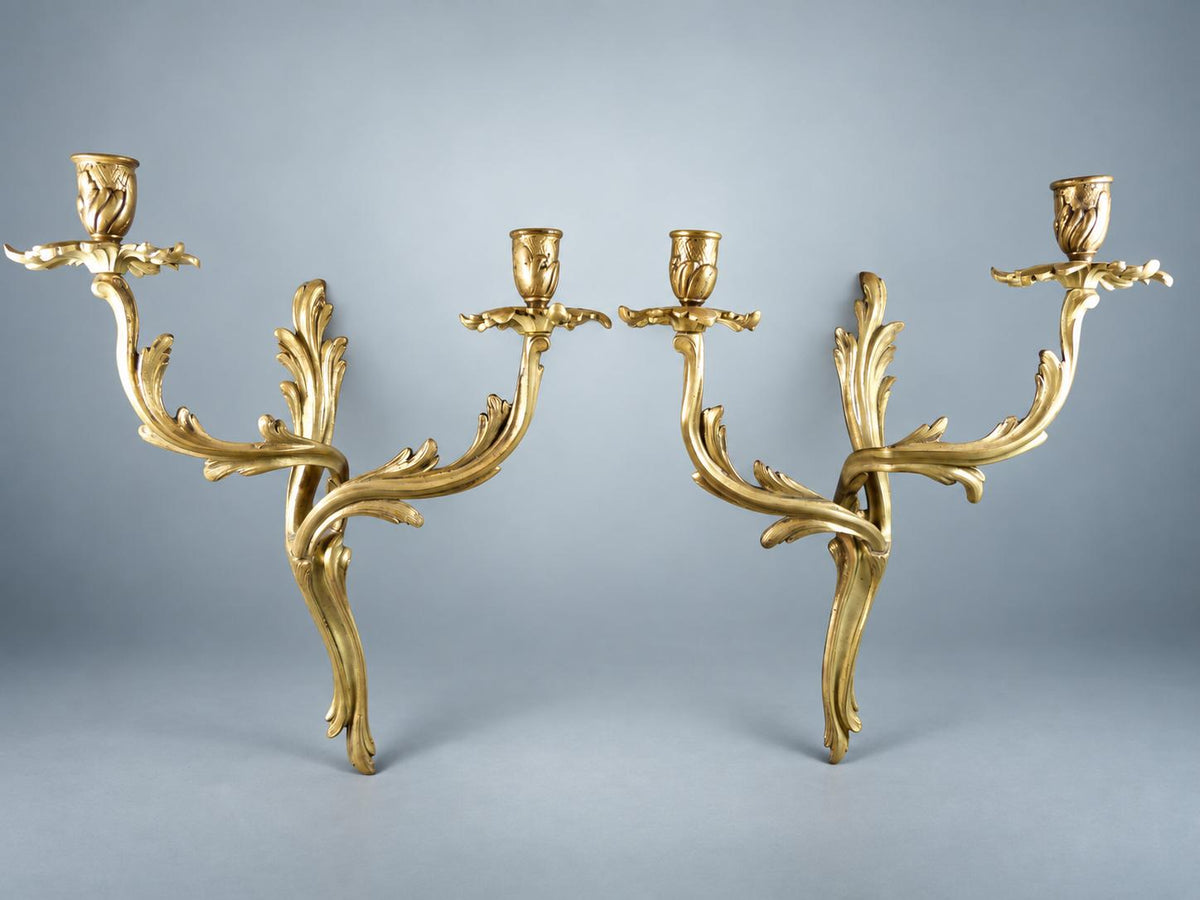 Pair of French Gilt Bronze Wall Sconces, Louis XV Rocaille, Unwired — France, Early 20th Century