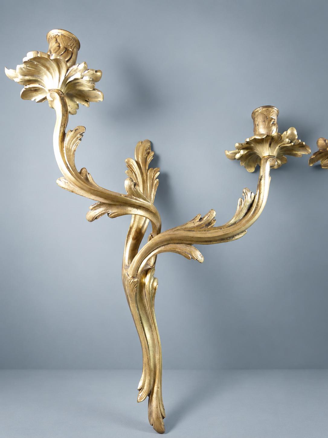 Pair of French Gilt Bronze Wall Sconces, Louis XV Rocaille, Unwired — France, Early 20th Century