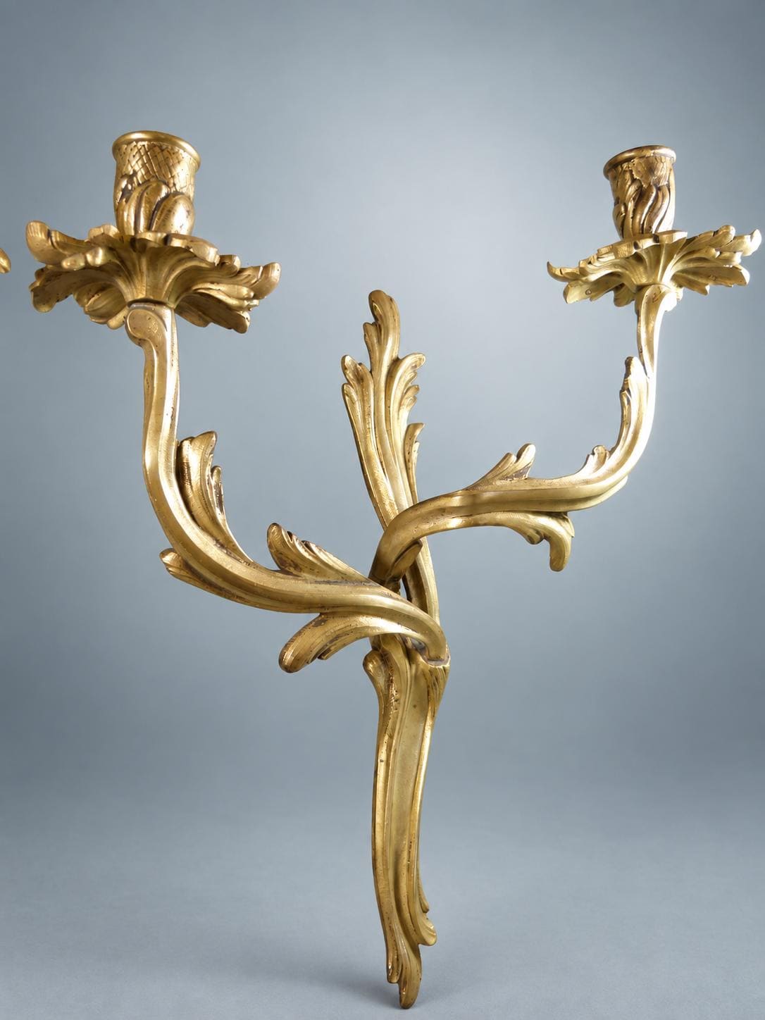 Pair of French Gilt Bronze Two-Arm Candle Sconces, Louis XV Rocaille Acanthus — France, Early 20th Century