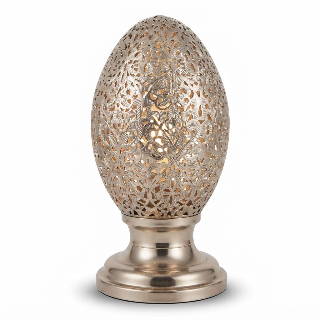 Hand-Pierced Moroccan Egg Lamp, Engraved Foliage Metal Lantern 20th Century