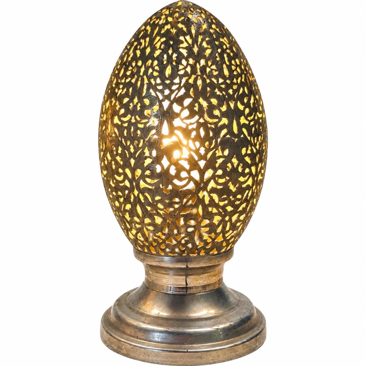 Hand-Pierced Moroccan Egg Lamp, Engraved Foliage Metal Lantern 20th Century
