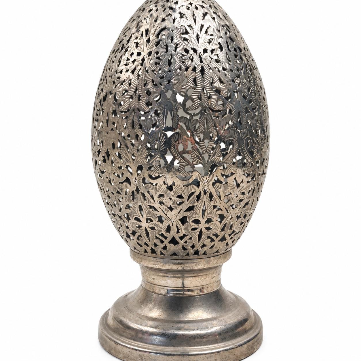 Hand-Pierced Moroccan Egg Lamp, Engraved Foliage Metal Lantern 20th Century