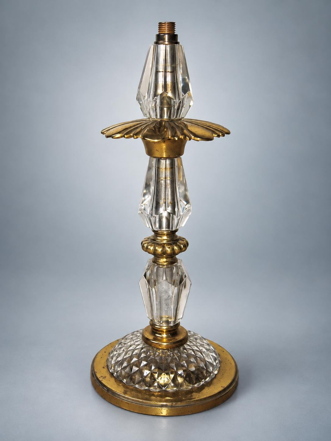 Antique French Table Lamp Base, Faceted Crystal and Gilt Brass, Flower Collar — France, Early 20th Century