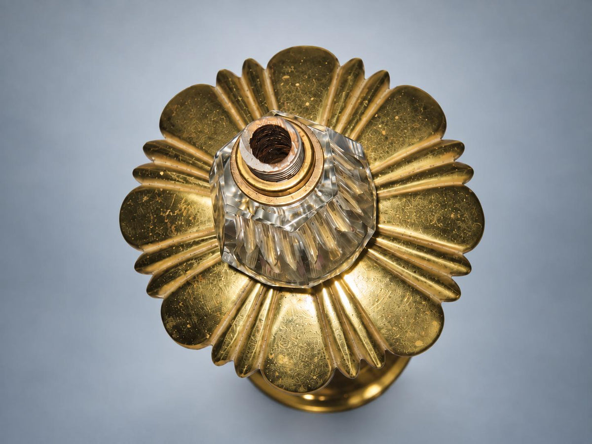Antique French Table Lamp Base, Faceted Crystal and Gilt Brass, Flower Collar — France, Early 20th Century