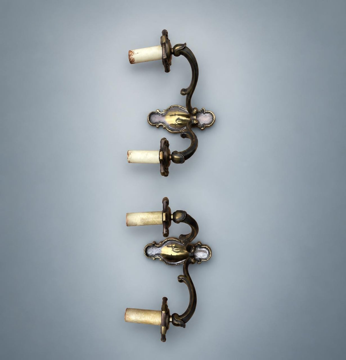 Pair of French Patinated Brass Two-Arm Wall Sconces, with White Fabric Shades — France, circa 1950