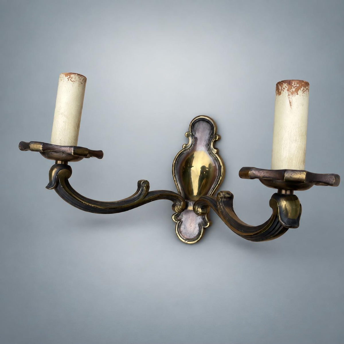 Pair of French Patinated Brass Two-Arm Wall Sconces, with White Fabric Shades — France, circa 1950