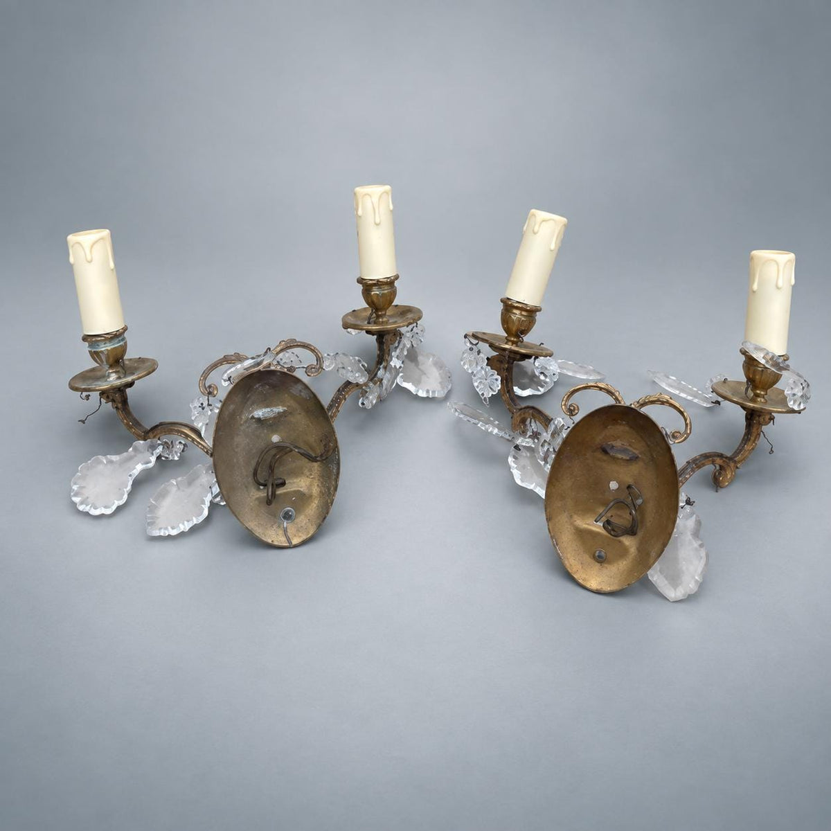 Pair of French Gilt Bronze Wall Sconces, Crystal Drops and Shell Backplate — France, Early 20th Century