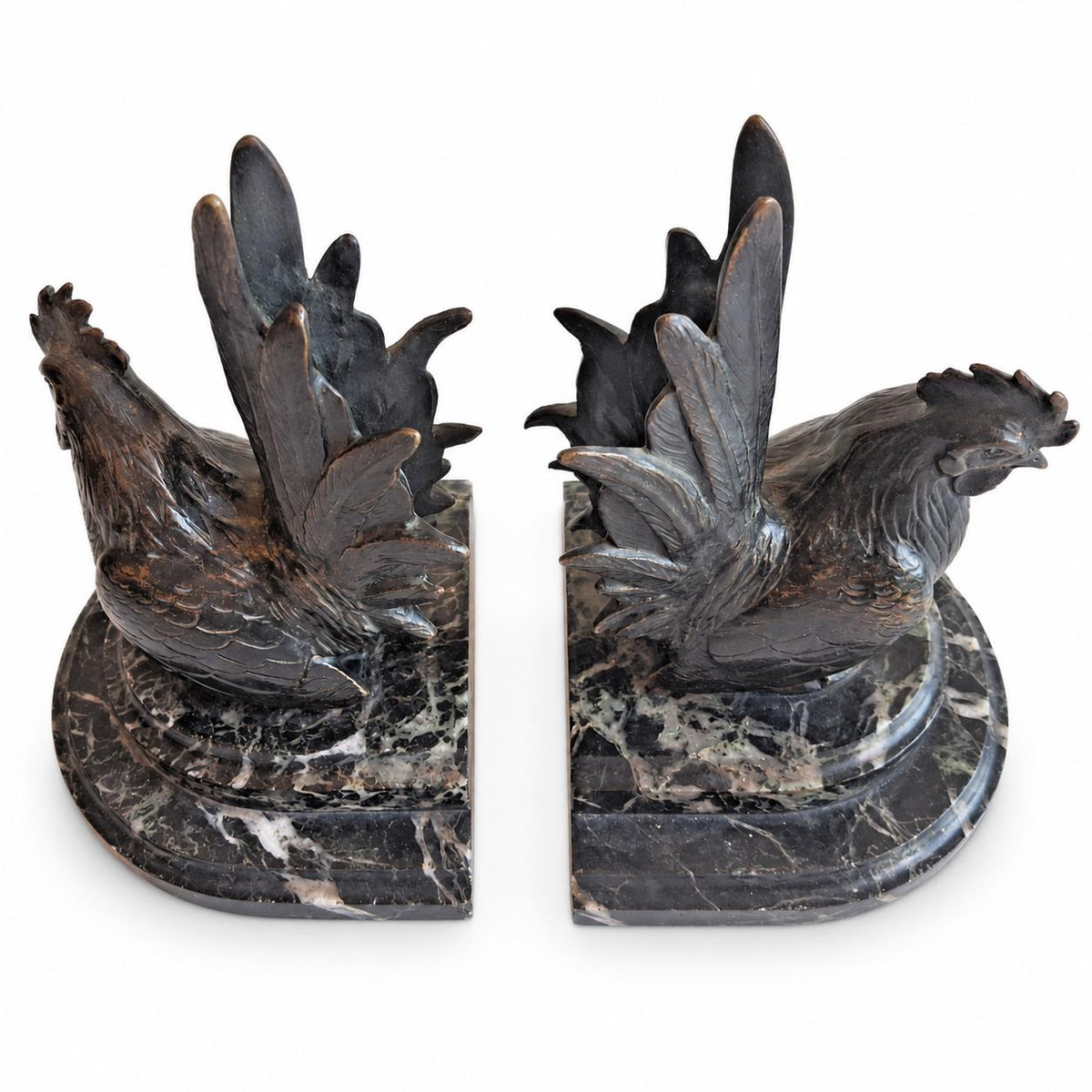 Rooster Bookends Pair, Carlos Van Dionant Signed Bronze Cockerels on Green Marble — Belgian, Early 20th Century