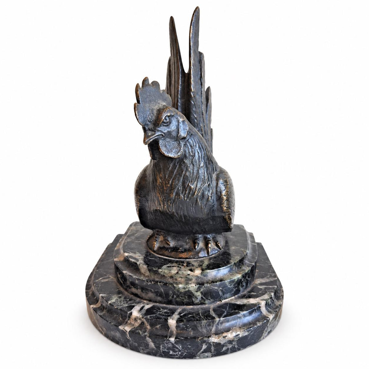 Rooster Bookends Pair, Carlos Van Dionant Signed Bronze Cockerels on Green Marble — Belgian, Early 20th Century