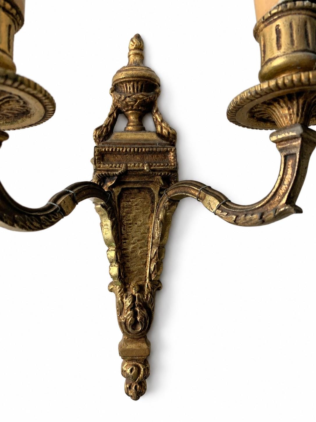 Pair of Antique French Bronze Wall Sconces, Louis XVI Style Double Arm Candle Lights — France, Early 20th Century