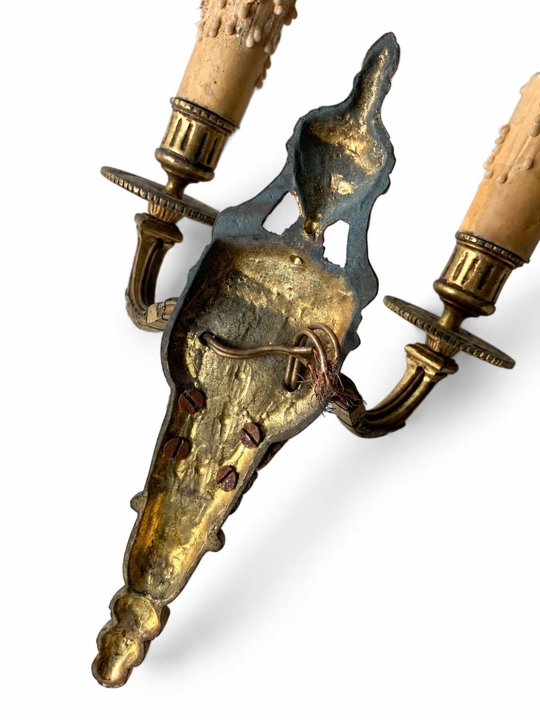 Pair of Antique French Bronze Wall Sconces, Louis XVI Style Double Arm Candle Lights — France, Early 20th Century