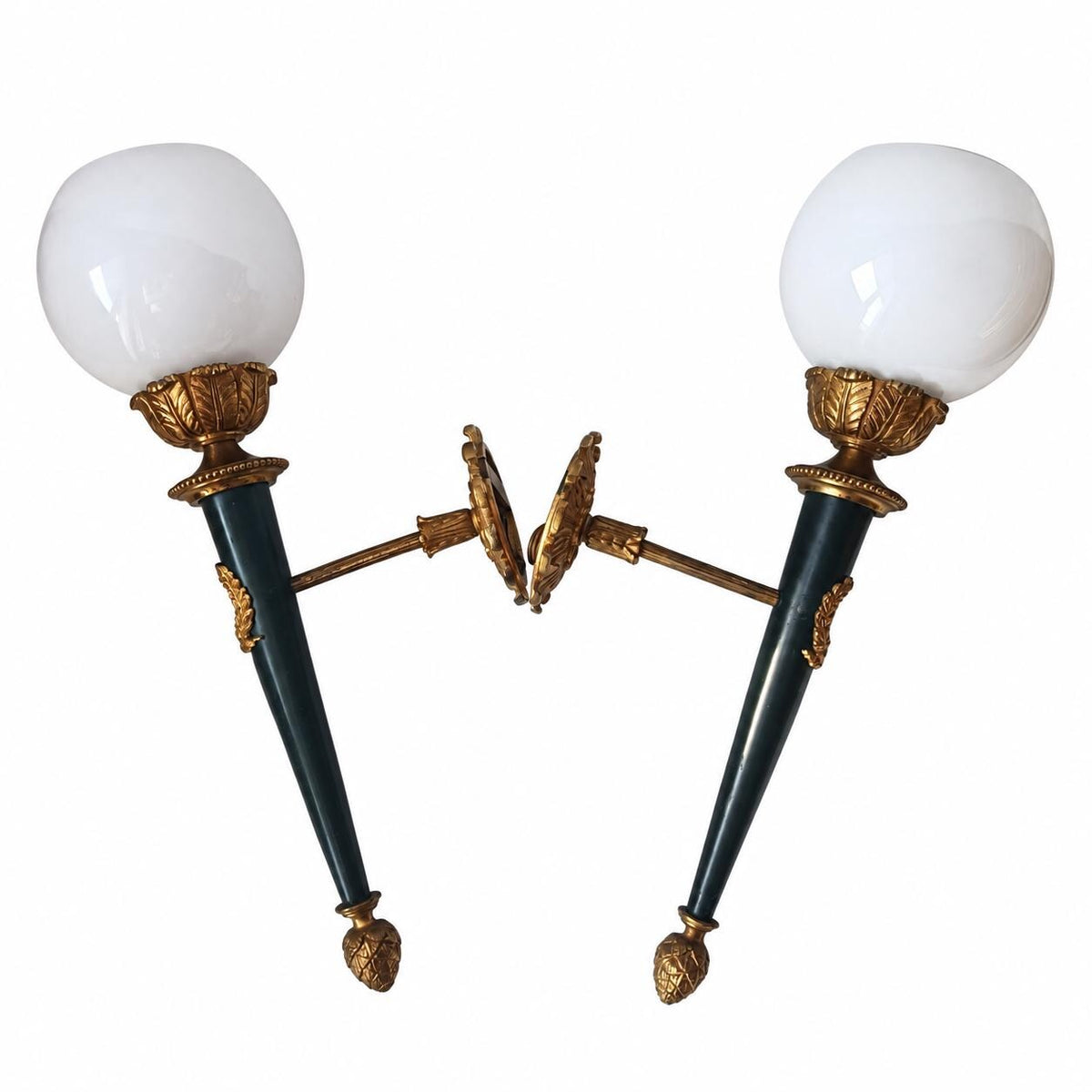 Pair of French Empire Style Wall Sconces, Gilt Bronze and Green Patina with Opaline Globes — France, Mid-20th Century