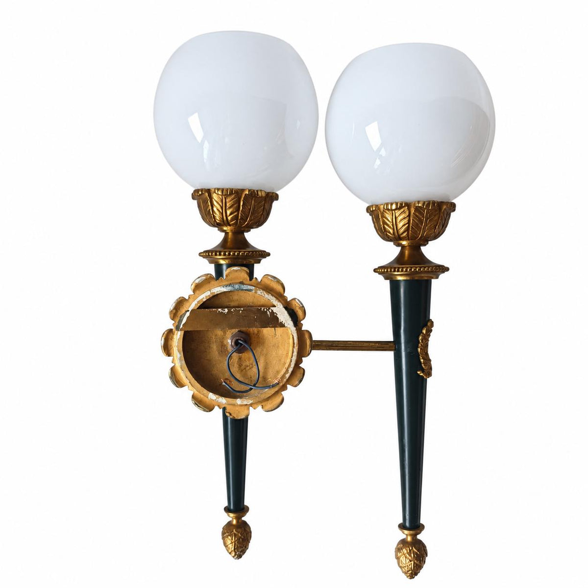 Pair of French Empire Style Wall Sconces, Gilt Bronze and Green Patina with Opaline Globes — France, Mid-20th Century