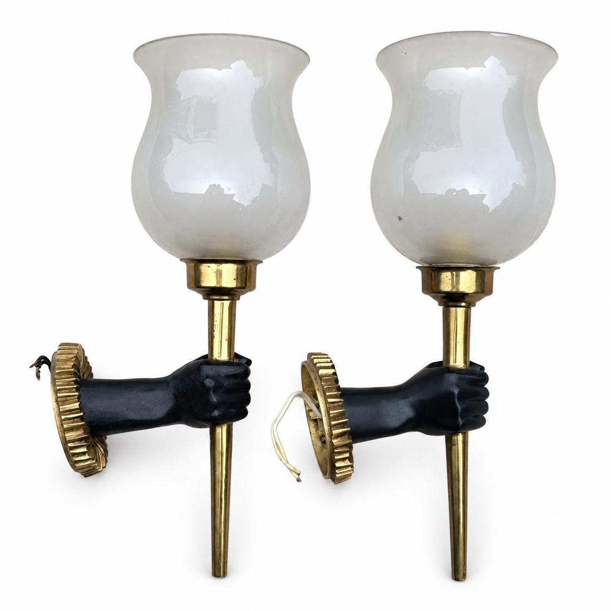 Pair of French Bronze Wall Sconces, Nubian Hand Holding Torch, Arlus — France, circa 1960