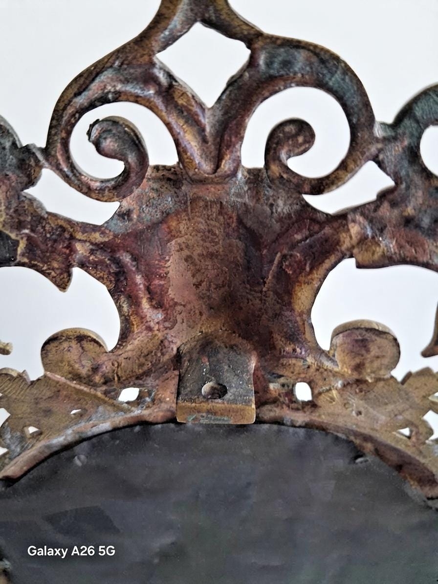 Antique Bronze Mirror Wall Sconce, Renaissance Style with Three Candle Arms and Mask Crest — Continental, 19th Century